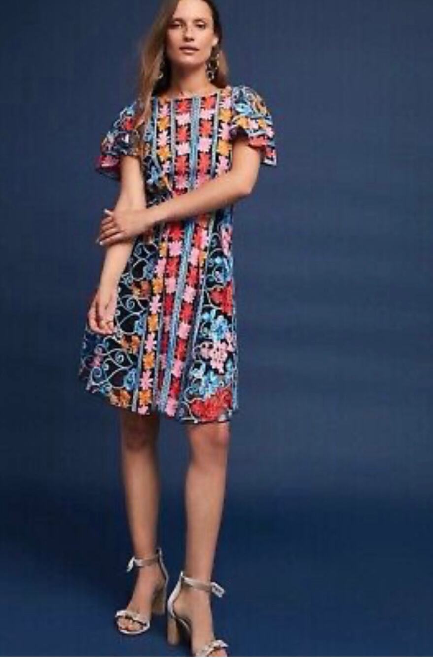 NWT Anthropologie Eva Franco Ferrah Embroidered Floral Short Slv Midi Dress 12